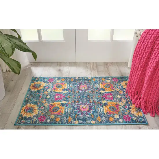 Blue And Orange Floral Distressed Area Rug Photo 4