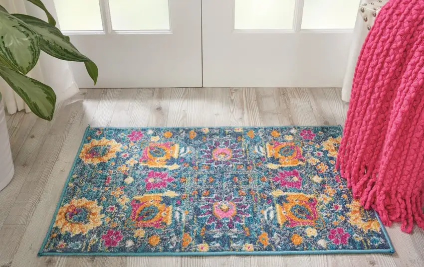 Blue And Orange Floral Distressed Area Rug Photo 4