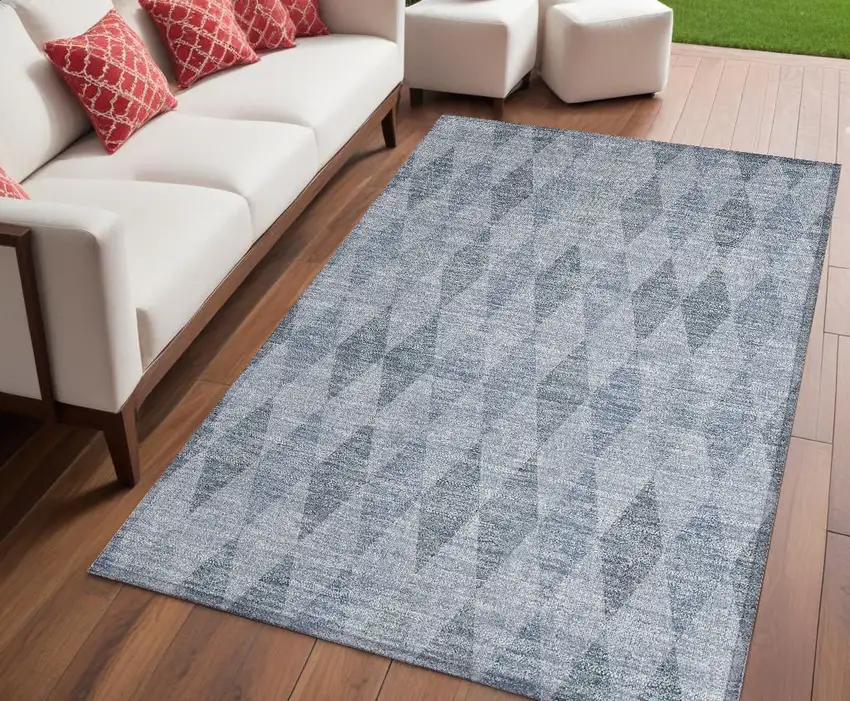 Denim Blue Geometric Washable Non Skid Indoor Outdoor Area Rug Photo 1