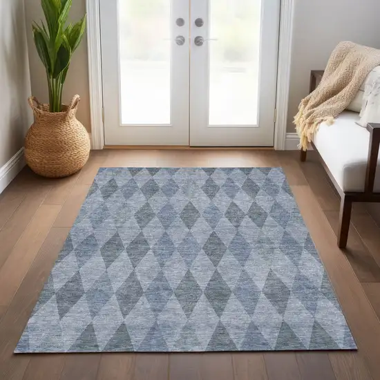 Denim Blue Geometric Washable Non Skid Indoor Outdoor Area Rug Photo 9