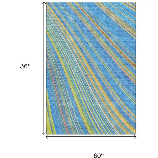 Denim Blue Gold And Lime Green Striped Washable Area Rug With UV Protection Photo 9