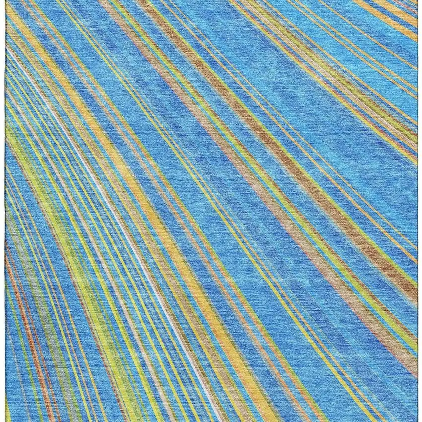 Denim Blue Gold And Lime Green Striped Washable Area Rug With UV Protection Photo 4