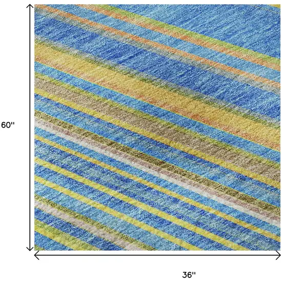 Denim Blue Gold And Lime Green Striped Washable Area Rug With UV Protection Photo 8