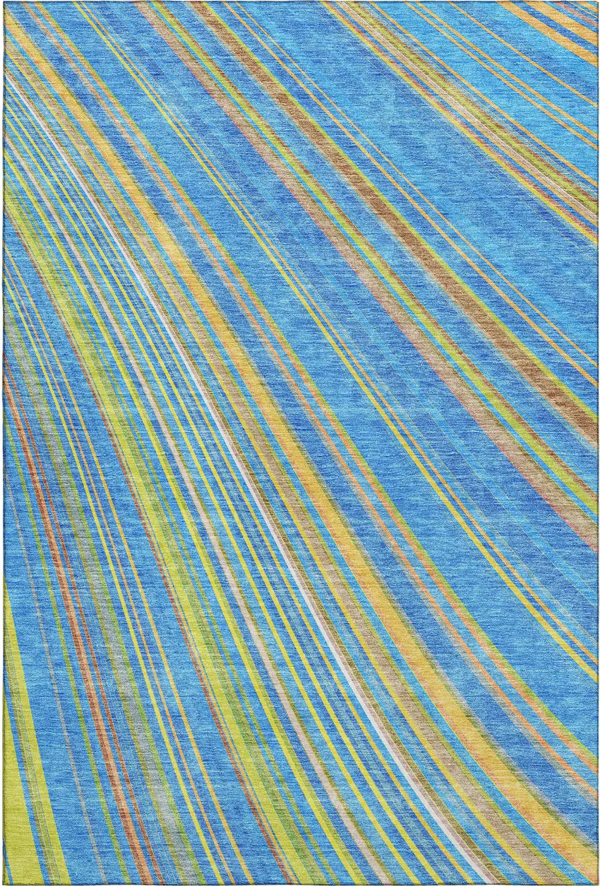 Denim Blue Gold And Lime Green Striped Washable Area Rug With UV Protection Photo 4