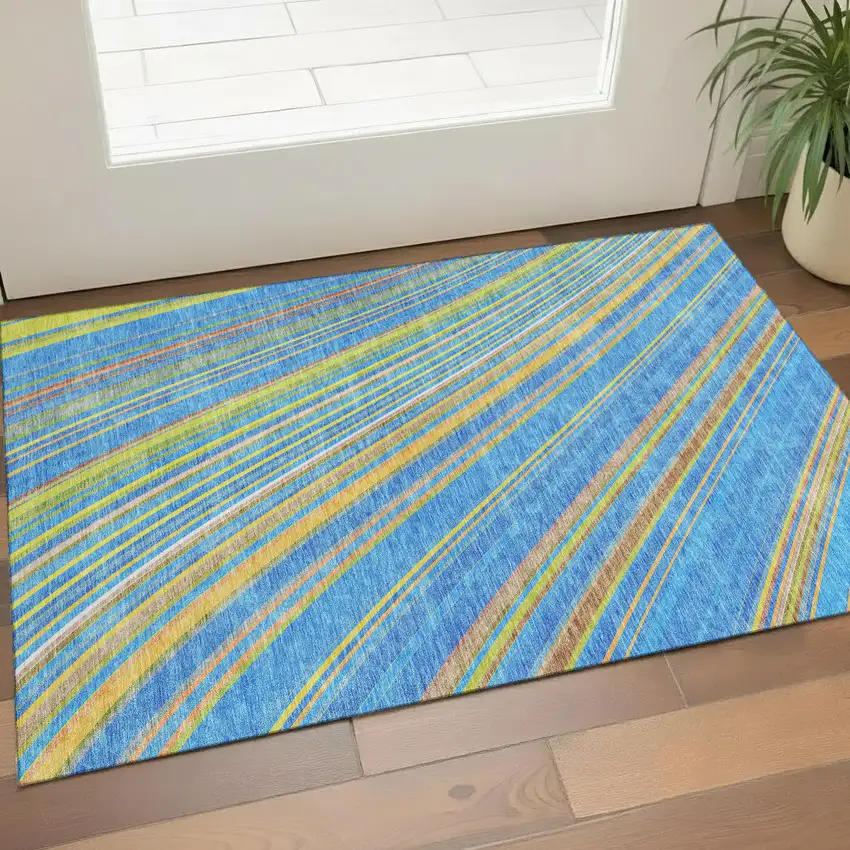 Denim Blue Gold And Lime Green Striped Washable Area Rug With UV Protection Photo 1
