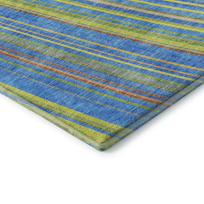 Denim Blue Gold And Lime Green Striped Washable Area Rug With UV Protection Photo 6