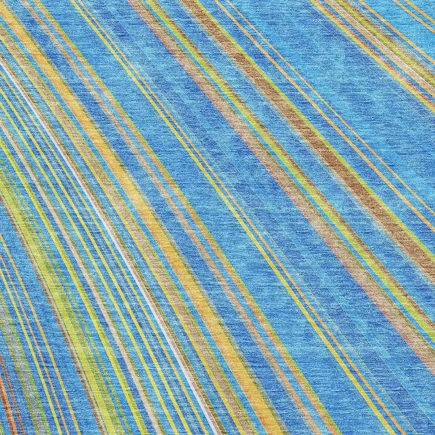 Denim Blue Gold And Lime Green Striped Washable Area Rug With UV Protection Photo 3