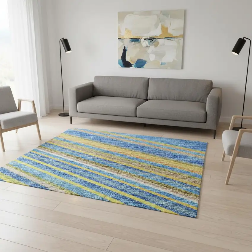 Denim Blue Gold And Lime Green Striped Washable Area Rug With UV Protection Photo 2