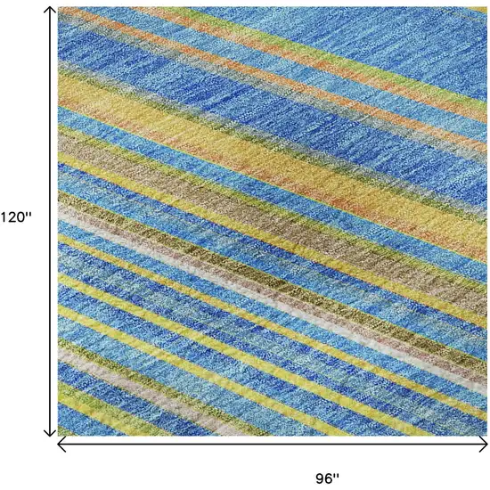 Denim Blue Gold And Lime Green Striped Washable Area Rug With UV Protection Photo 8