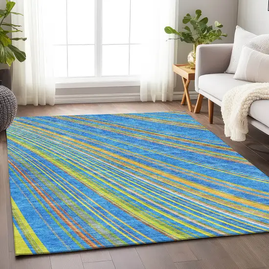 Denim Blue Gold And Lime Green Striped Washable Area Rug With UV Protection Photo 2