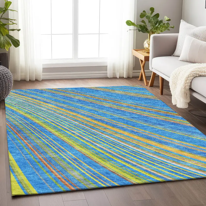 Denim Blue Gold And Lime Green Striped Washable Area Rug With UV Protection Photo 2