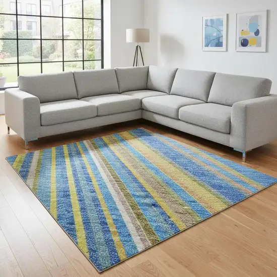 Denim Blue Gold And Lime Green Striped Washable Area Rug With UV Protection Photo 2