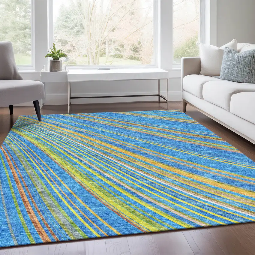 Denim Blue Gold And Lime Green Striped Washable Area Rug With UV Protection Photo 3