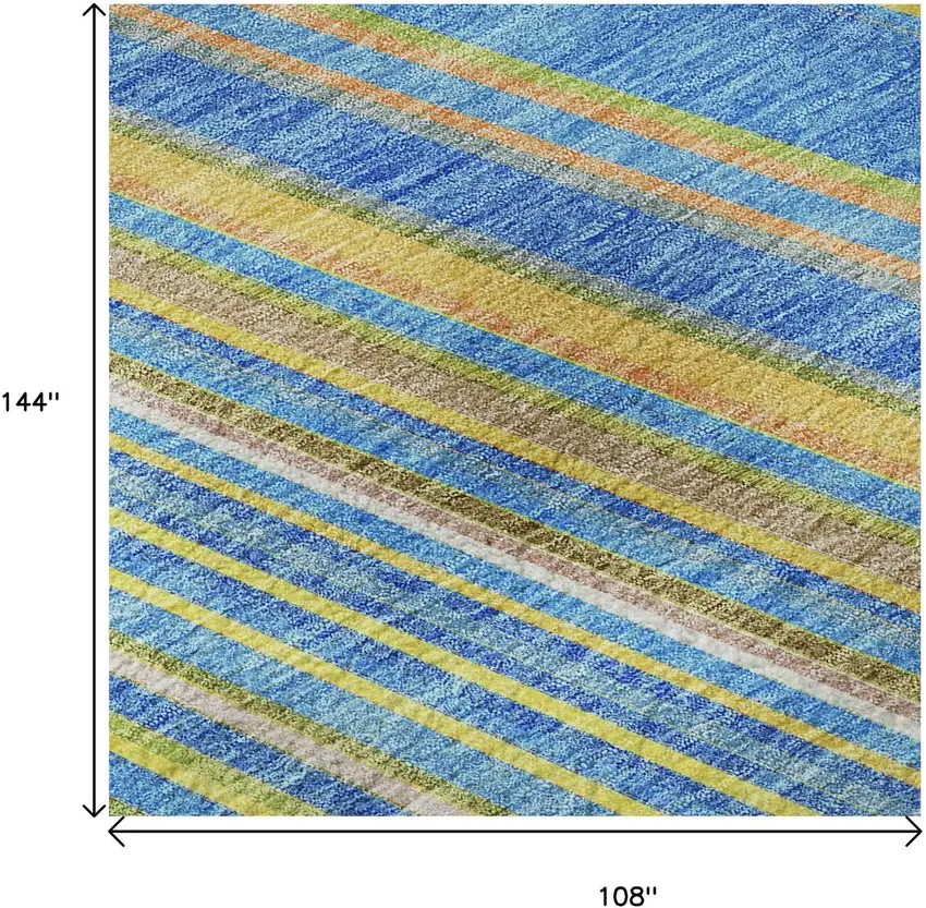 Denim Blue Gold And Lime Green Striped Washable Area Rug With UV Protection Photo 8