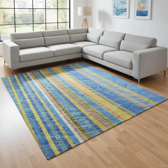 Denim Blue Gold And Lime Green Striped Washable Area Rug With UV Protection Photo 2