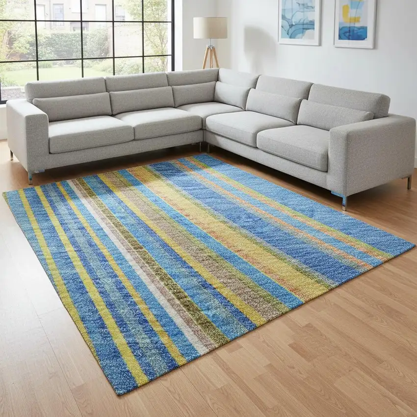 Denim Blue Gold And Lime Green Striped Washable Area Rug With UV Protection Photo 2