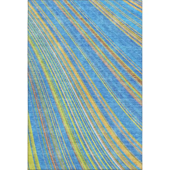 Denim Blue Gold And Lime Green Striped Washable Area Rug With UV Protection Photo 4