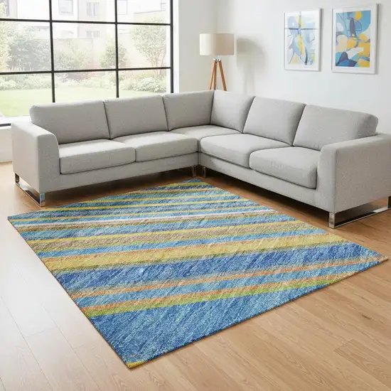Denim Blue Gold And Lime Green Striped Washable Area Rug With UV Protection Photo 2
