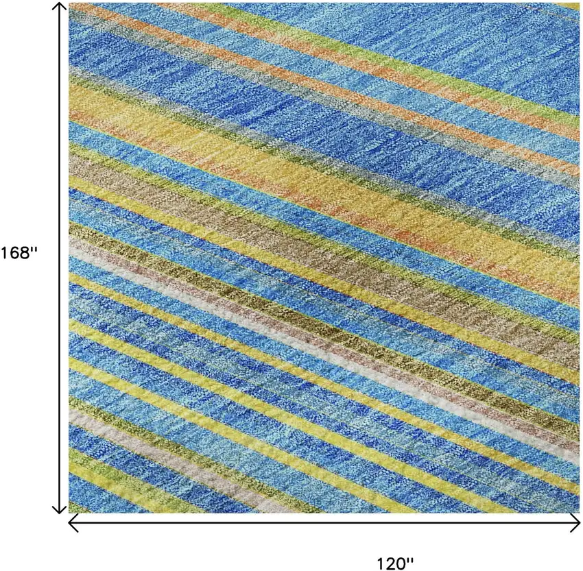 Denim Blue Gold And Lime Green Striped Washable Area Rug With UV Protection Photo 8