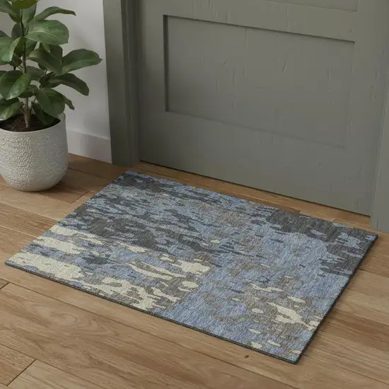 Denim Blue Gray And Beige Abstract Washable Area Rug With UV Protection Photo 1
