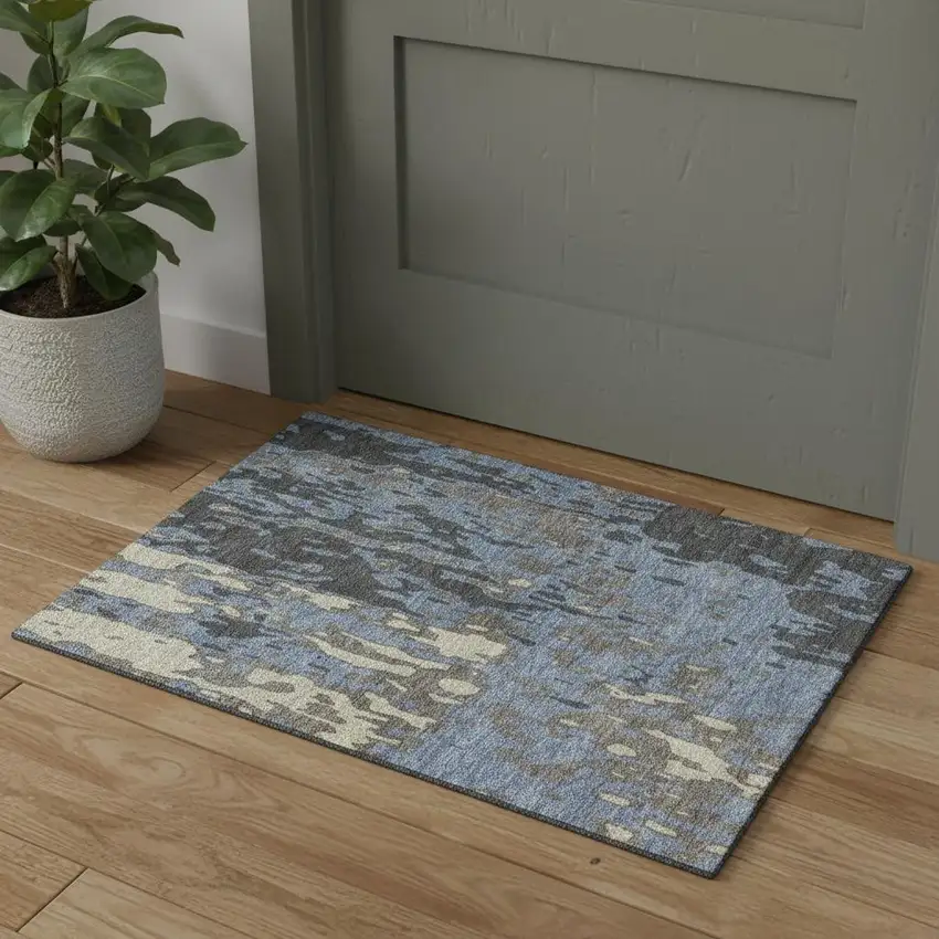 Denim Blue Gray And Beige Abstract Washable Area Rug With UV Protection Photo 1