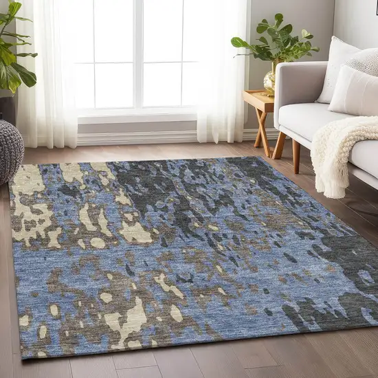 Denim Blue Gray And Beige Abstract Washable Area Rug With UV Protection Photo 4