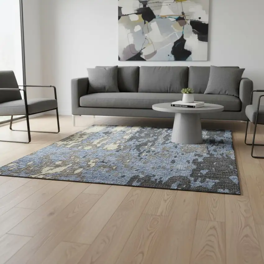 Denim Blue Gray And Beige Abstract Washable Area Rug With UV Protection Photo 2