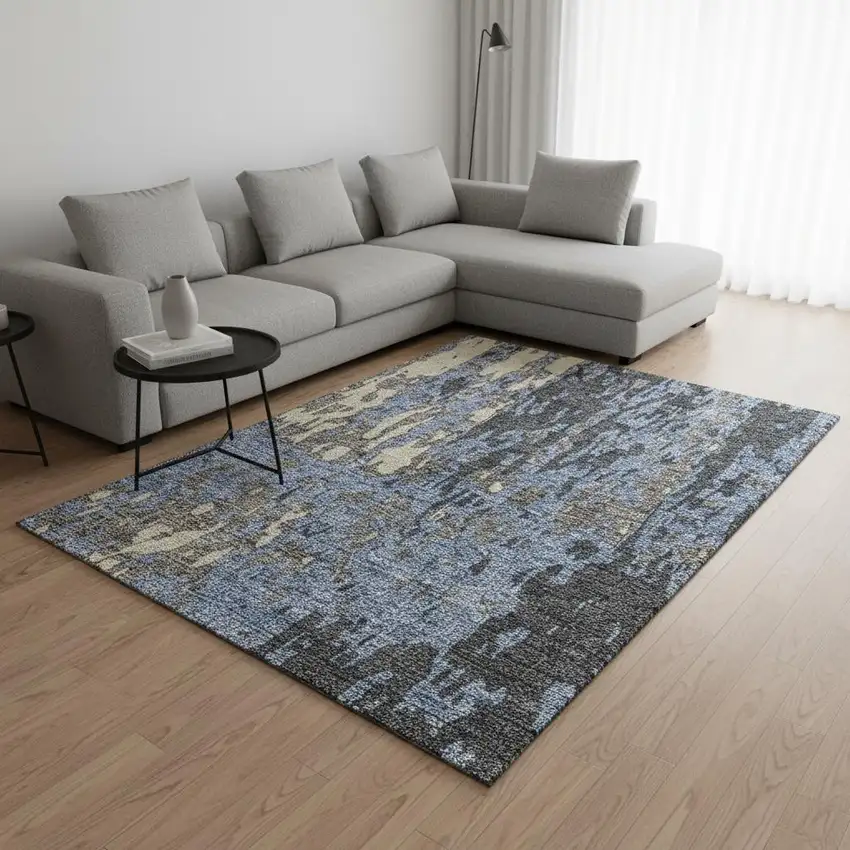 Denim Blue Gray And Beige Abstract Washable Area Rug With UV Protection Photo 2