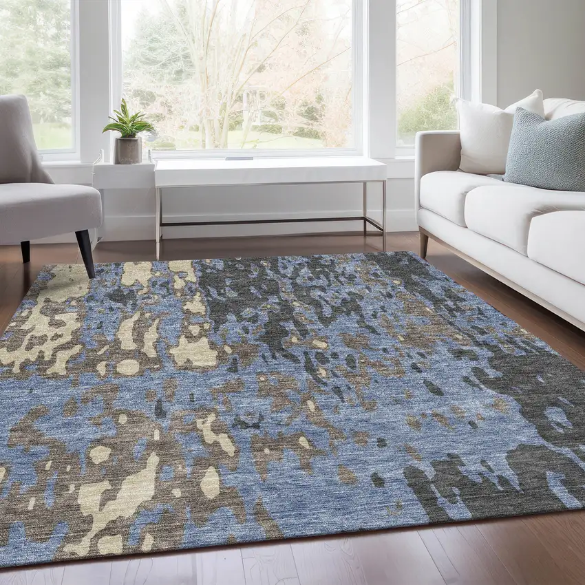 Denim Blue Gray And Beige Abstract Washable Area Rug With UV Protection Photo 5