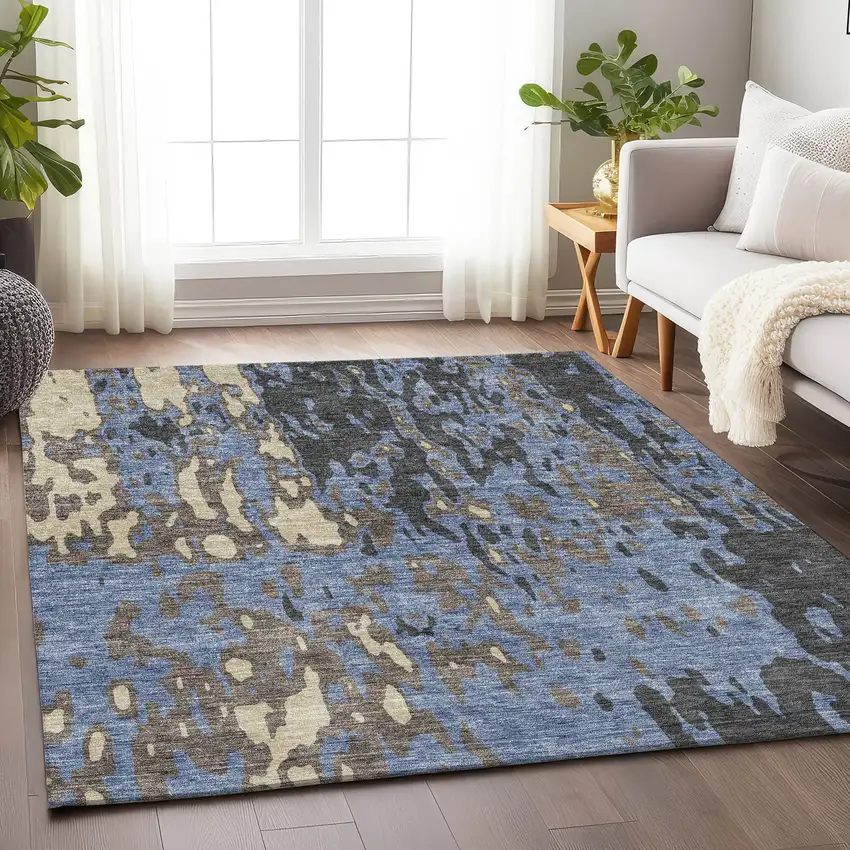 Denim Blue Gray And Beige Abstract Washable Area Rug With UV Protection Photo 4