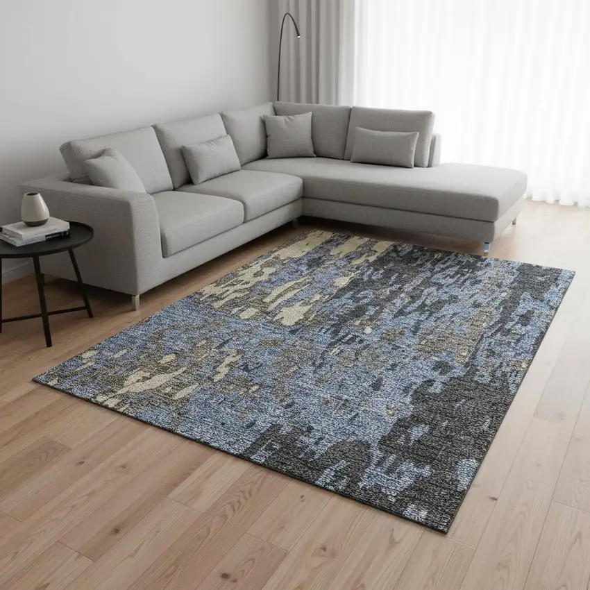 Denim Blue Gray And Beige Abstract Washable Area Rug With UV Protection Photo 2