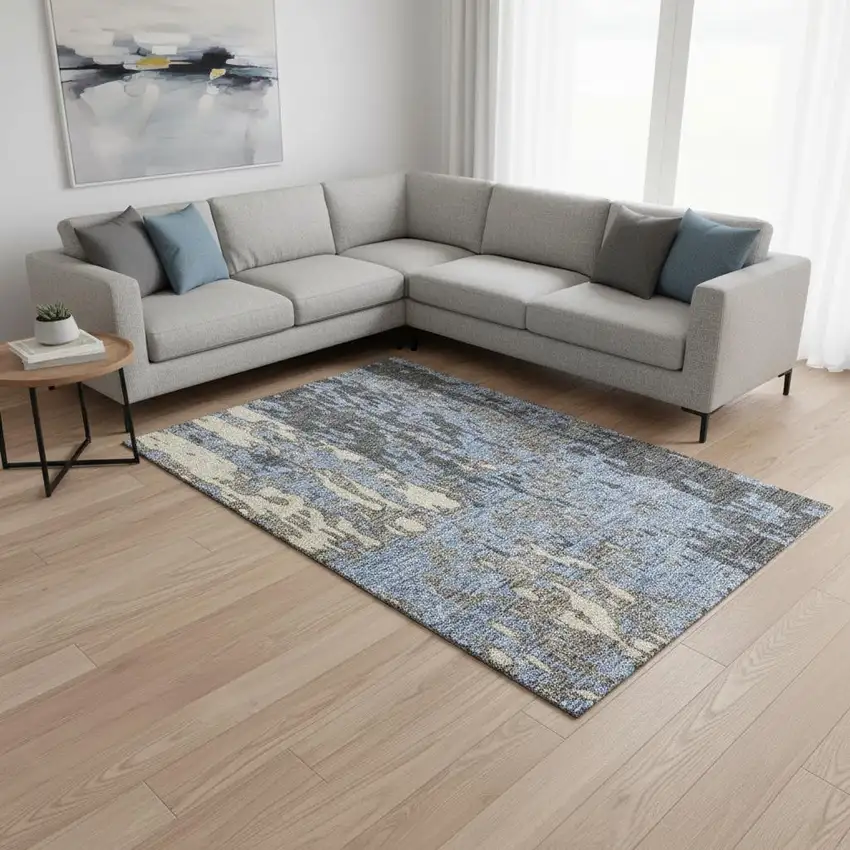 Denim Blue Gray And Beige Abstract Washable Area Rug With UV Protection Photo 2