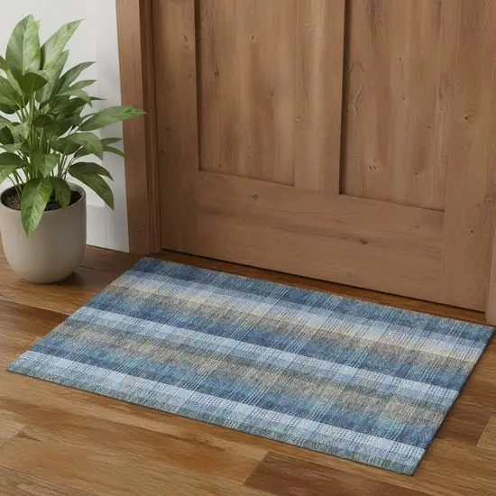 Denim Blue Gray And Beige Plaid Washable Area Rug With UV Protection Photo 1