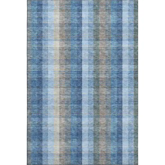 Denim Blue Gray And Beige Plaid Washable Area Rug With UV Protection Photo 1