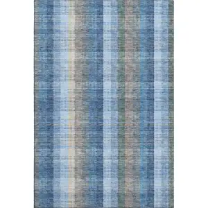 Photo of Denim Blue Gray And Beige Plaid Washable Area Rug With UV Protection