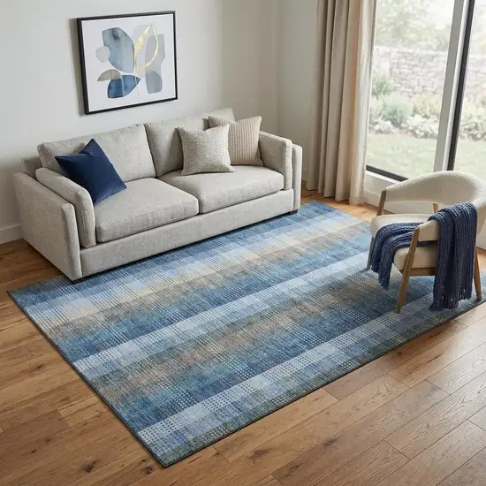Denim Blue Gray And Beige Plaid Washable Area Rug With UV Protection Photo 1