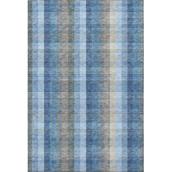 Denim Blue Gray And Beige Plaid Washable Area Rug With UV Protection Photo 3