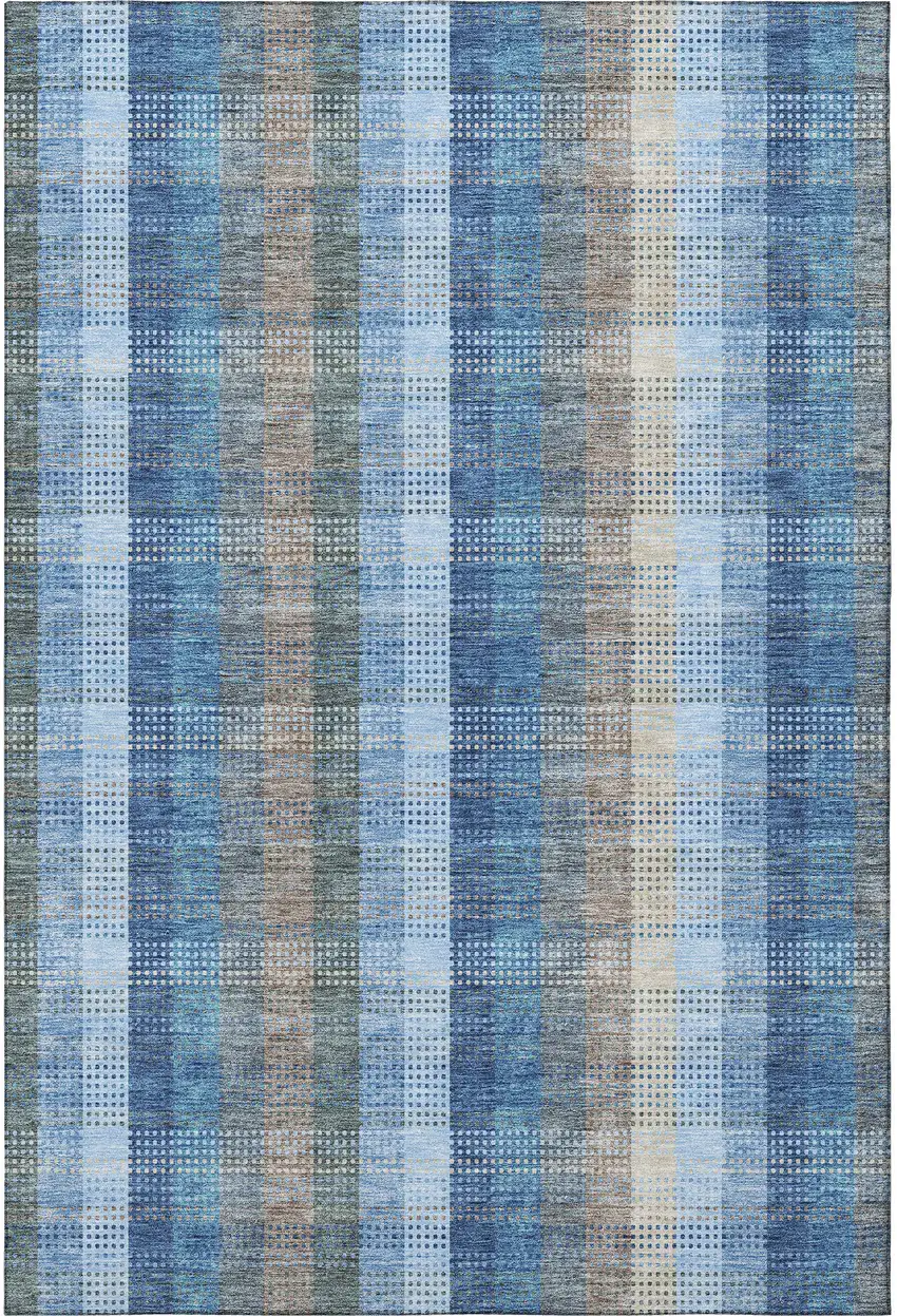 Denim Blue Gray And Beige Plaid Washable Area Rug With UV Protection Photo 3