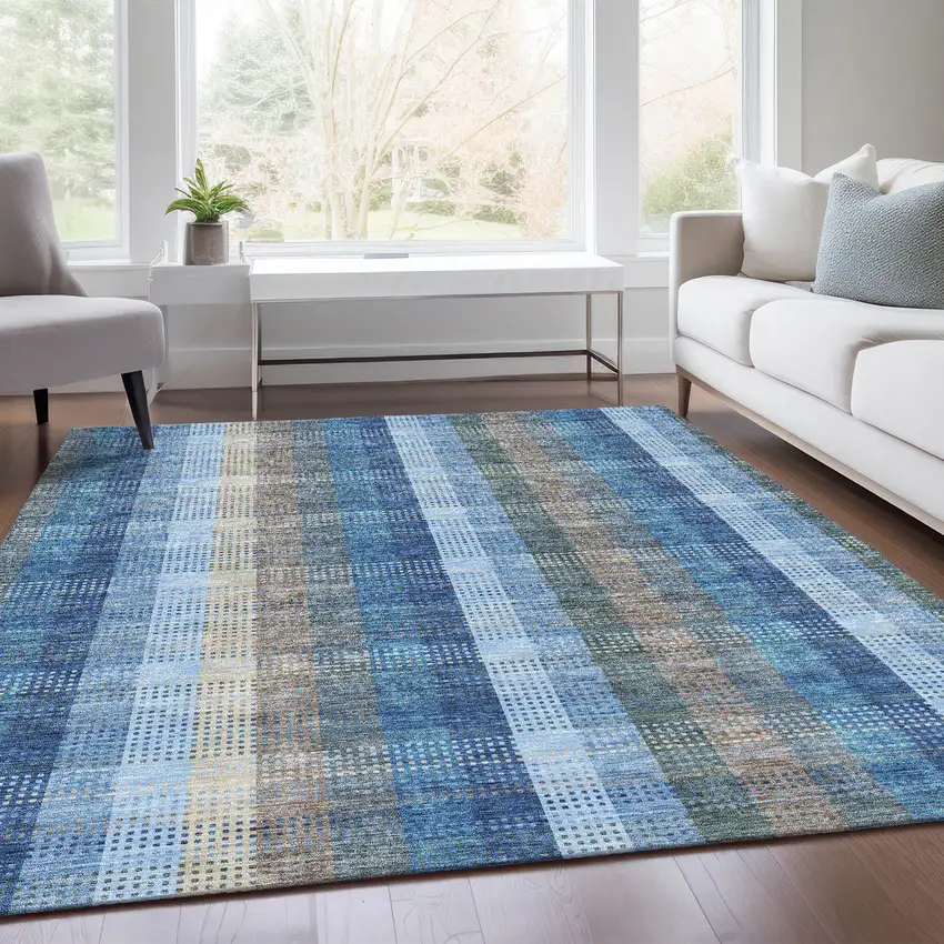 Denim Blue Gray And Beige Plaid Washable Area Rug With UV Protection Photo 5