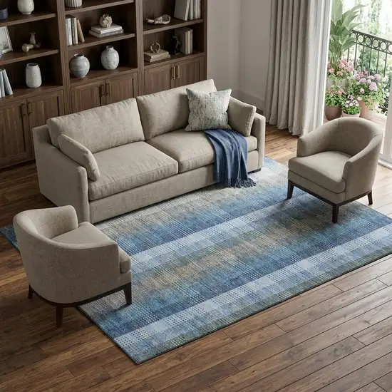 Denim Blue Gray And Beige Plaid Washable Area Rug With UV Protection Photo 1