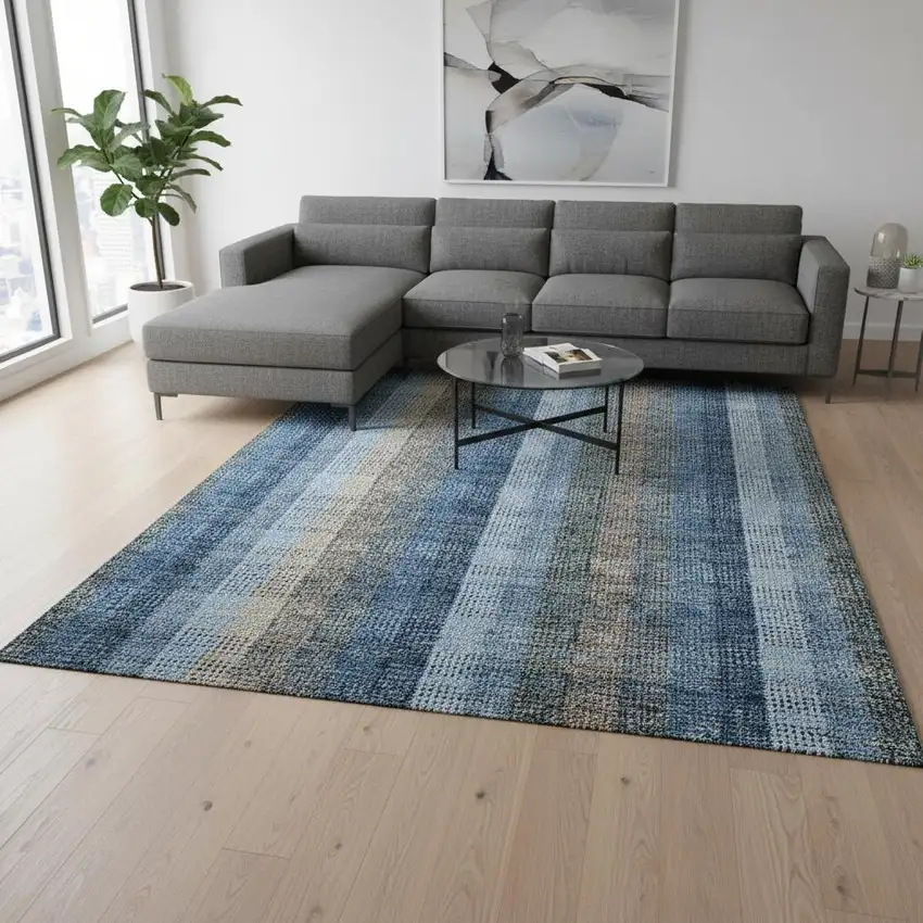 Denim Blue Gray And Beige Plaid Washable Area Rug With UV Protection Photo 2