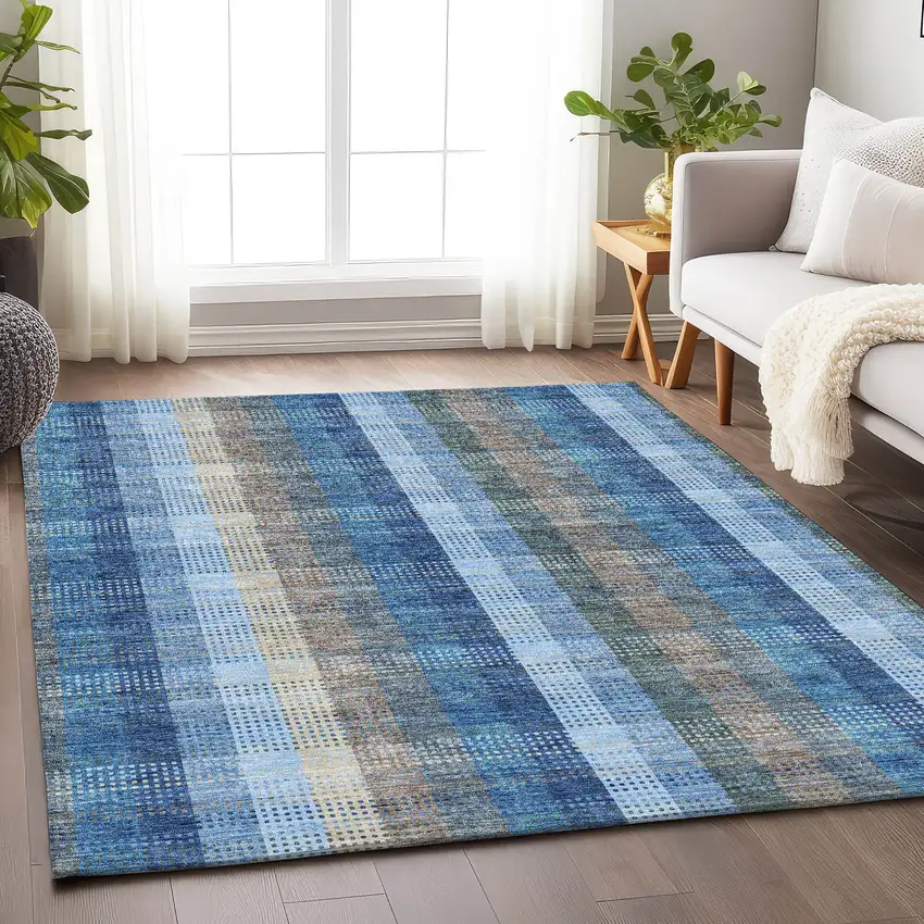 Denim Blue Gray And Beige Plaid Washable Area Rug With UV Protection Photo 4