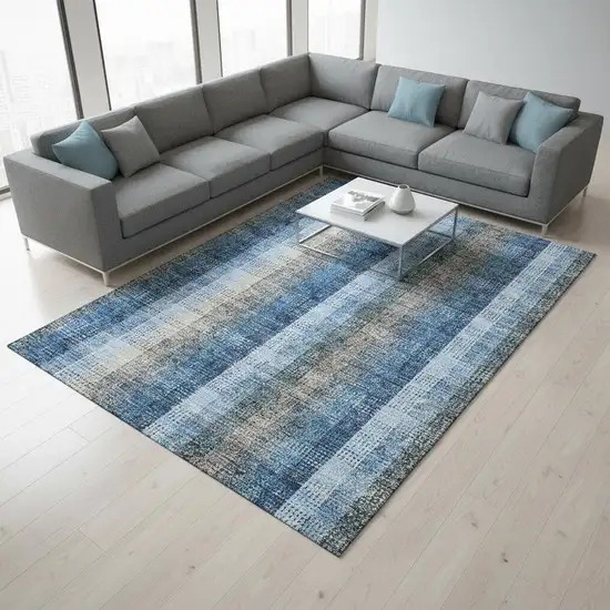 Denim Blue Gray And Beige Plaid Washable Area Rug With UV Protection Photo 2