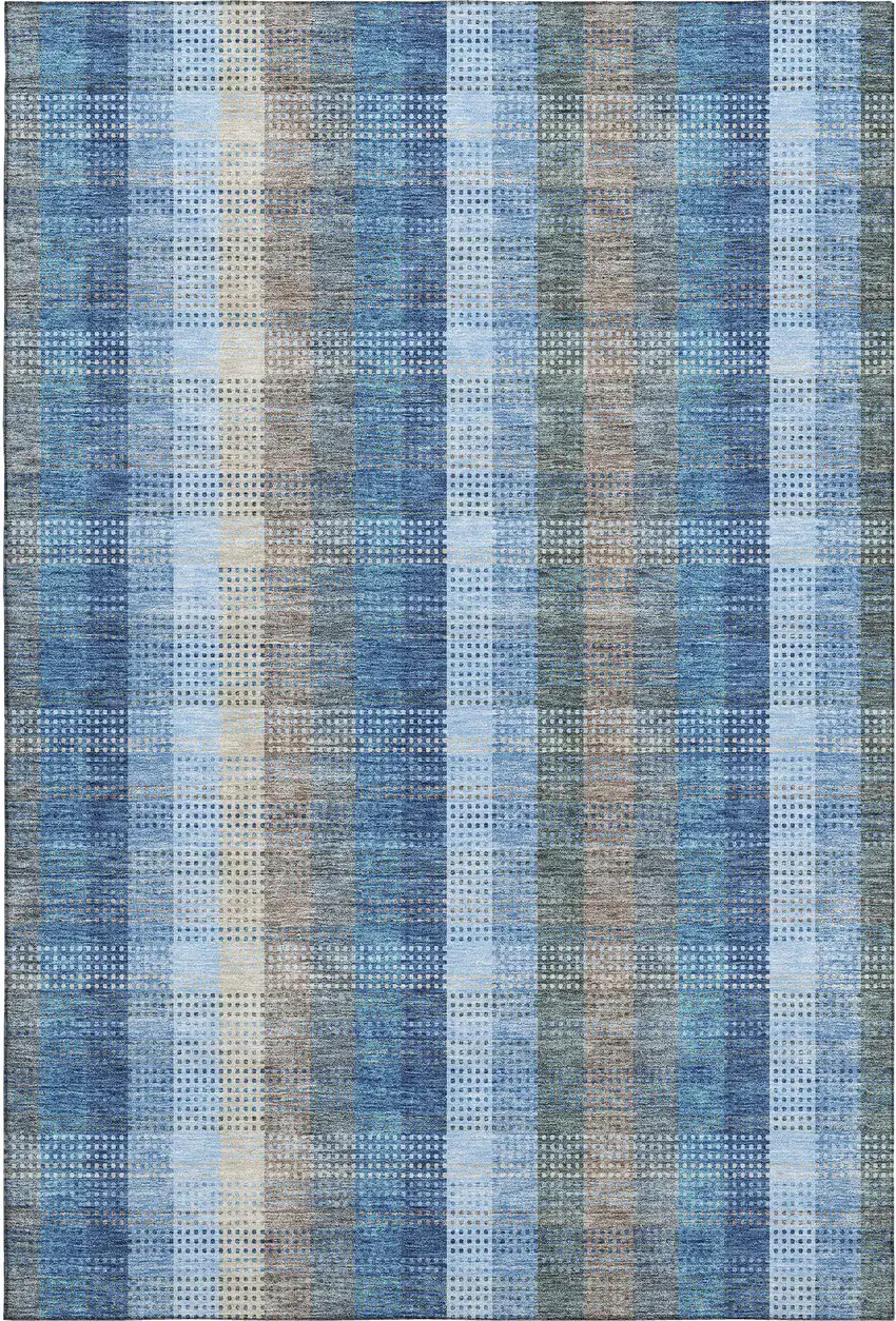 Denim Blue Gray And Beige Plaid Washable Area Rug With UV Protection Photo 1
