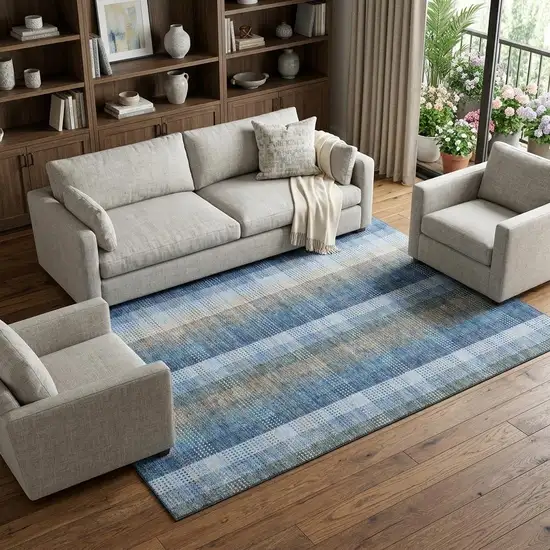 Denim Blue Gray And Beige Plaid Washable Area Rug With UV Protection Photo 1