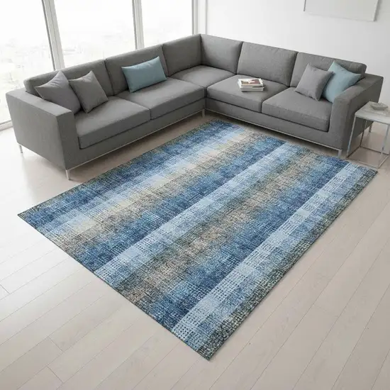 Denim Blue Gray And Beige Plaid Washable Area Rug With UV Protection Photo 2