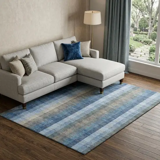 Denim Blue Gray And Beige Plaid Washable Area Rug With UV Protection Photo 1
