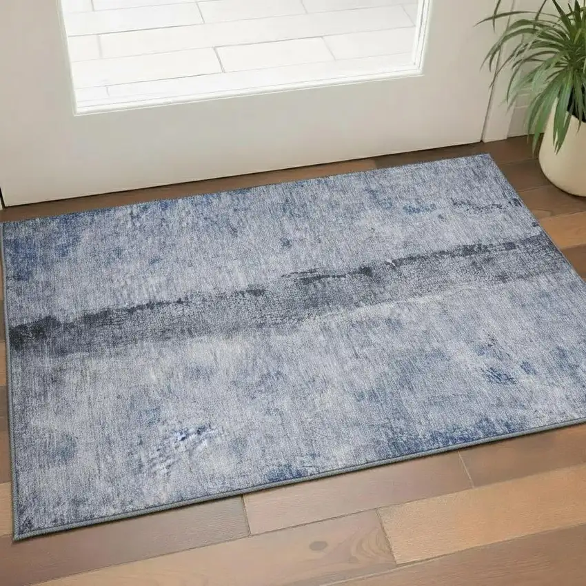 Denim Blue Gray And Ivory Abstract Washable Area Rug With UV Protection Photo 1