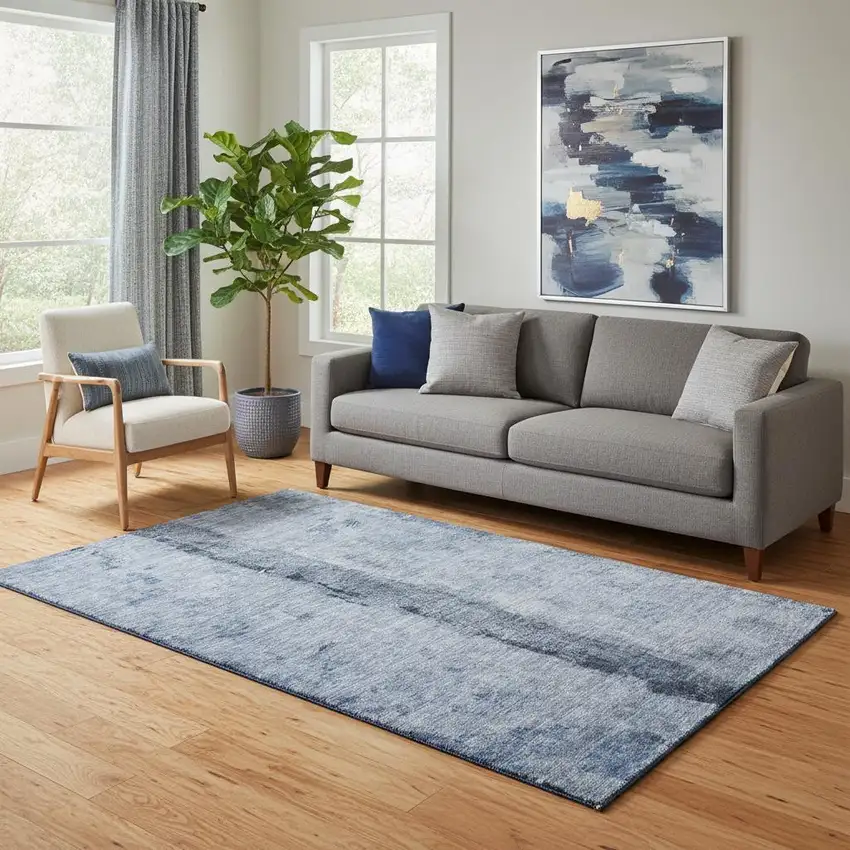 Denim Blue Gray And Ivory Abstract Washable Area Rug With UV Protection Photo 1
