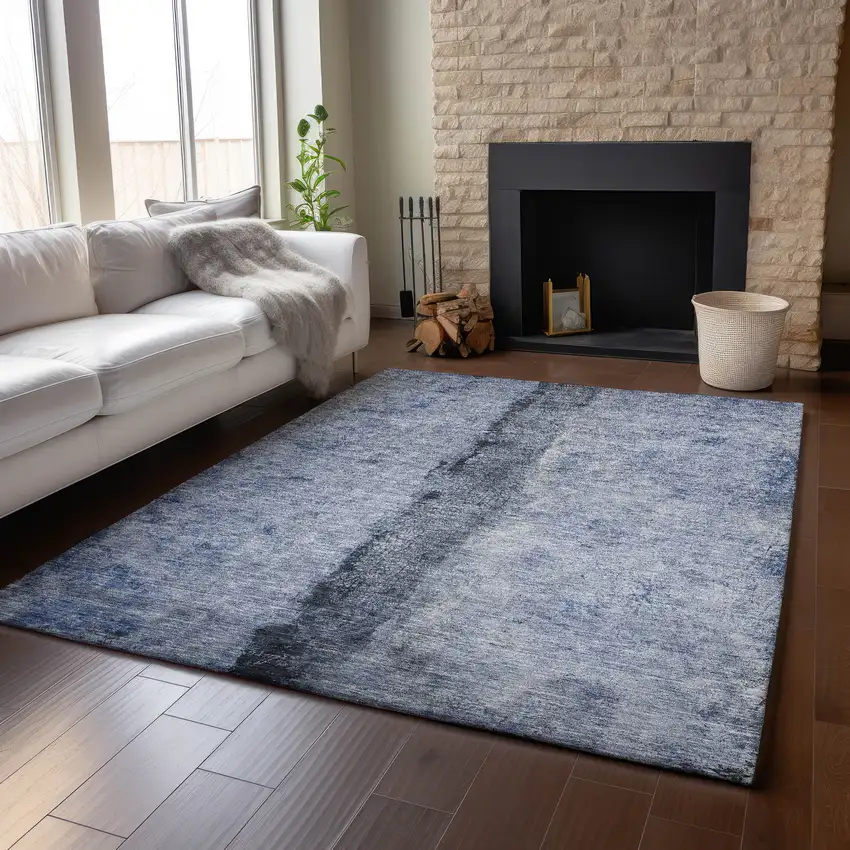 Denim Blue Gray And Ivory Abstract Washable Area Rug With UV Protection Photo 4
